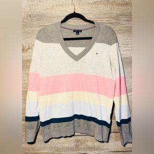 Tommy Hilfiger Womens S Multicolor Striped V-Neck Sweater Size L Large